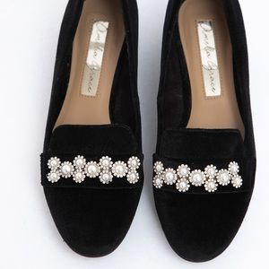 Black velvet loafers pearl & stone embellishments Amelia Grace 6 unique feminine
